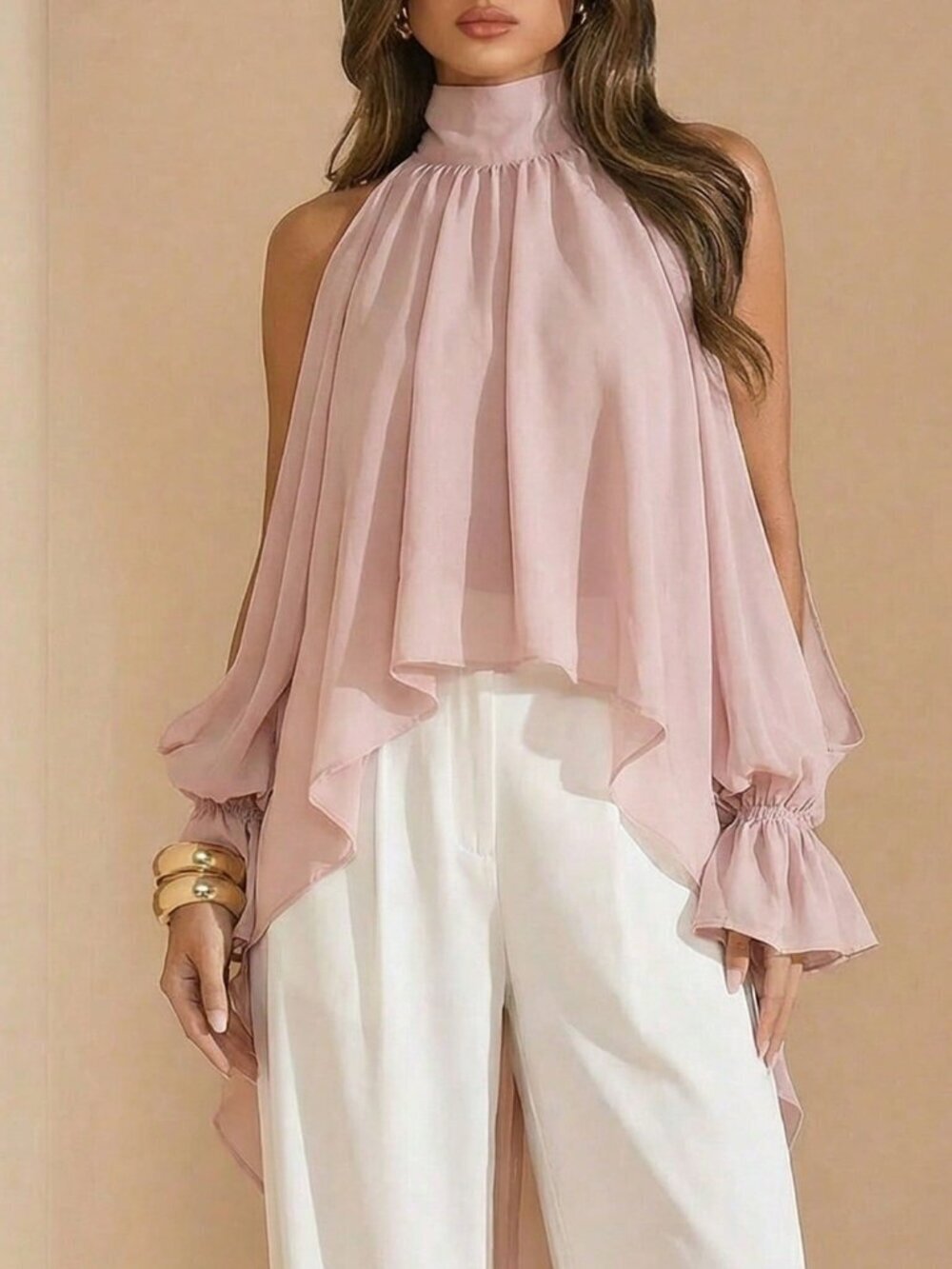 Dusty Pink Elegant Women's Backless Long Sleeve Chiffon Blouse with Tie Waist